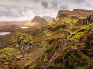 Szkocja, Wzgórza, Quiraing, Wyspa Skye, Wzgórze, Chmury, Jeziora, Góry, Drzewo