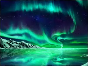 Jezioro, Zorza polarna, Góry, Grafika, Niebo