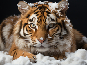 Grafika, Śnieg, Tygrys, Spojrzenie