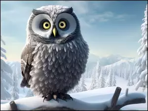 Śnieg, 2D, Konar, Sowa, Drzewa