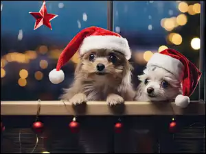 Dwa, Bombki, Pieski, Mikołaja, Psy, Czapki