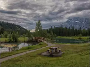 Kanada, Góra, Alberta, Mostek, Park Narodowy Banff, Mount Rundle, Drzewa, Góry, Staw