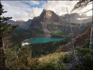 Stany Zjednoczone, Jezioro, Montana, Chmury, Park Narodowy Glacier, Grinnell Lake, Drzewa, Góry, Las