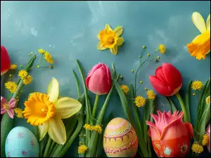 Kwiaty, Tulipany, Pisanki, Wielkanoc, Narcyzy żonkile