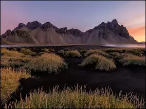 Piasek, Islandia, Plaża, Trawa, Góry, Czarny, Kępki, Góra Vestrahorn