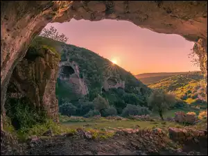 Skały, Zachód słońca, Buracas do Casmilo, Portugalia, Jaskinia