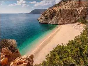 Morze, Plaża, Roślinność, Turcja, Góry, Skały, Kaputas Beach
