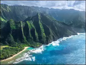 Plaża, Stany Zjednoczone, Na Pali, Ocean, Hawaje, Góry, Poranek, Wybrzeże