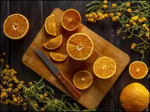 Nóż, Deska, Plastry, Kwiaty, Pomarańcza, Żółte