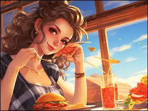Sukienka, Dziewczyna, Pomarańczowy, Hamburger, Lunch, Drink