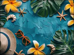 Okulary, Kapelusz, Monstera, Rozgwiazdy Lato, Liście, Kwiaty