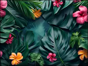 Liście, Grafika, Kolorowe, Kwiaty, Kompozycja