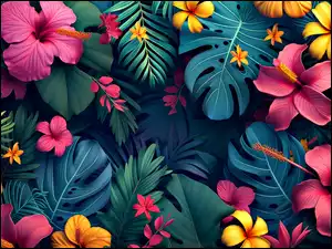 Plumeria, Kwiaty, Grafika, Hibiskus, Kompozycja, Monstera, Liście