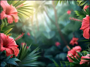 Czerwone, Grafika, Kwiaty, Hibiskus, Liście