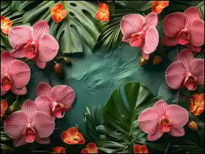 Kwiaty, Monstera, Orchidee, Storczyki, Liście