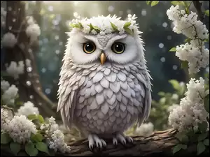 Ptak, Grafika, Biała, Sowa, Kwiaty