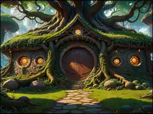 Fantazja, Grafika, Dom, Ścieżka Fantasy, Drzewa, Omszały