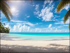 Palmy, Morze, Grafika, Plaża, Niebo, Tropiki, Słońce