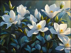 Grafika, Białe, Kwiaty, Magnolie