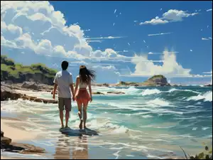 Grafika, Mężczyzna, Lato, Fale, Skały, Para, Plaża, Kobieta, Morze