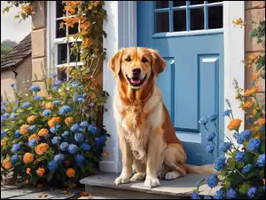 Siedzący golden retriever przed drzwiami