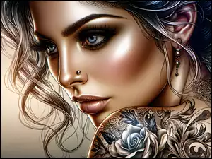 Profil, Niebieskie, Grafika, Kobieta, Portret, Tatuaż, Oczy
