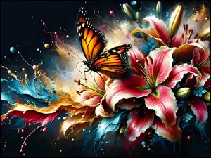 Kwiaty, Motyl, Grafika, Lilie, Tło, Czarne, Farba