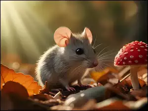 Grafika, Mysz, Muchomor, Liść