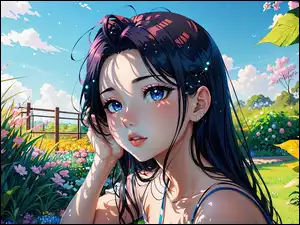 Niebieskooka, Dziewczyna, Ogród, Anime, Brunetka, Kwiaty