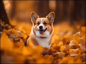 Liście, Grafika, Welsh corgi pembroke, Pies, Jesień