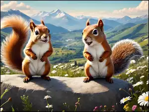 Dwie, Wiewiórki, Góry, Grafika, Kwiaty, Białe, Kamień