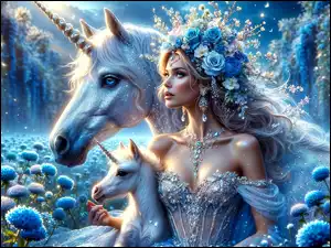 Konie, Fantasy, Kwiaty, Kobieta, Jednorożce