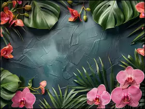 Kwiaty, Grafika, Orchidea, Storczyk, Liście