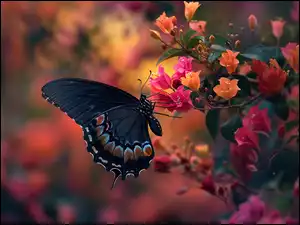 Grafika, Czarny, Motyl, Kwiaty