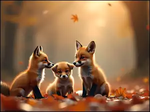 Grafika, Trzy, Małe, Lisy