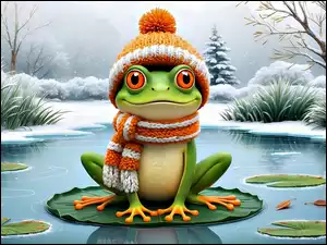 Żaba, Szalik, Zima, Grafika, Woda, Liście, Czapka