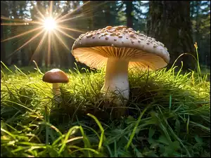 Grafika, Grzyby, Trawa, Słońce