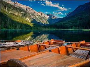 Góry, Las, Łódki, Austria, Jagersee, Jezioro, Drzewa