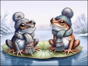 Dwie, Grafika, Liść, Drzewa, Żaby, Zima