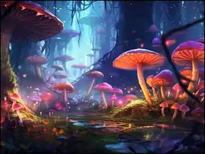 Grafika, Świecące, Grzyby, Las