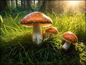 Grafika, Muchomory, Trawy, Grzyby