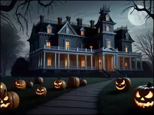 Droga, Halloween, Świecące, Drzewa, Noc, Dynie, Księżyc, Dom