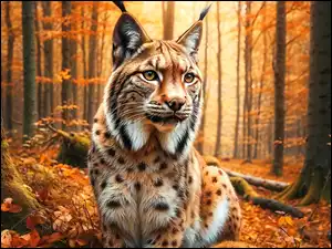 Jesień, Ryś, Żółte, Grafika, Las, Liście