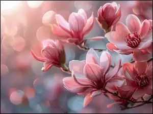 Rozwinięte, Kwiaty, Gałązki, Magnolia, Różowe