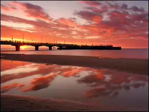 Zachód słońca, Molo, Plaża, Morze