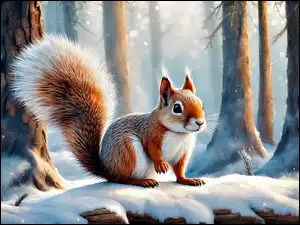 Wiewiórka na śniegu w zimowym lesie w grafice