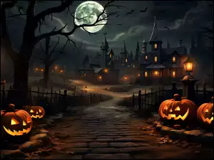 Dynie, Halloween, Domy, Grafiki, Drogi, Noce