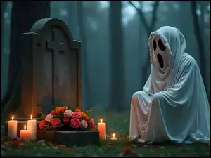 Nagrobek, Duch, Kwiaty, Halloween, Świece, Grafika