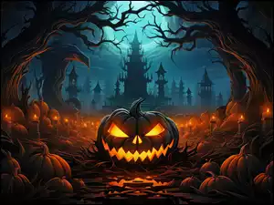 Świecąca, Dynia, Noc, Halloween, Zamek, Drzewa, Świece