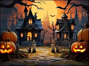 Księżyc, Grafika, Domy, Dynie, Halloween
